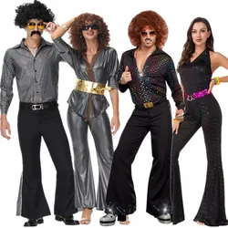 Couples 1960's 70's 80's Hippies Disco Costumes Cosplay Adult Hippies Dance Outfits Halloween Party Dress Up For Men Women