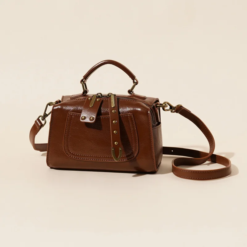 Spring and summer new genuine leather Boston fashion casual handbag tanned cowhide shoulder width women's bag