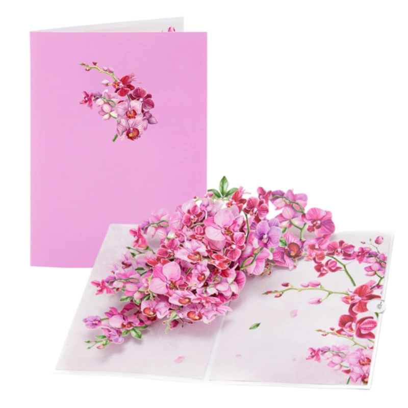 Cymbidium Orchids Pop-up Greeting Card with Envelope Flowers Postcard Floral Birthday Cards Valentines Gifts Creative Home Decor