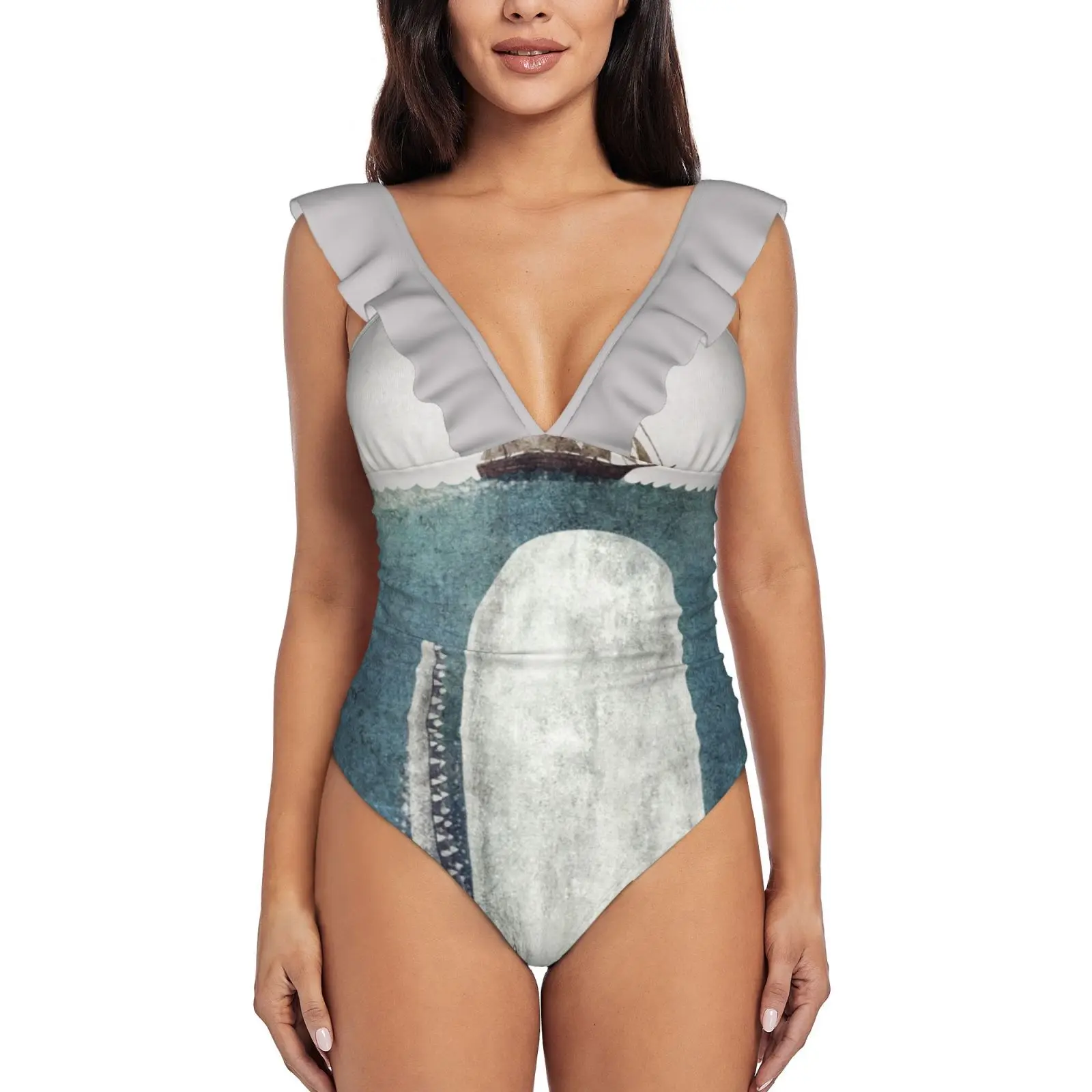 The White Whale Ruffle Costume Intero Donna Costumi Da Bagno Push Up Monokini Costume Da Bagno Con Stampa Sexy Whale Moby Dick Whale White