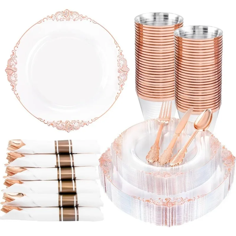 Plastic Plates 175PCS Disposable Party Plates & Pre Rolled Napkins with Cutlery for 25 Guests Plates Silverware Cups Napkin plastic tableware set