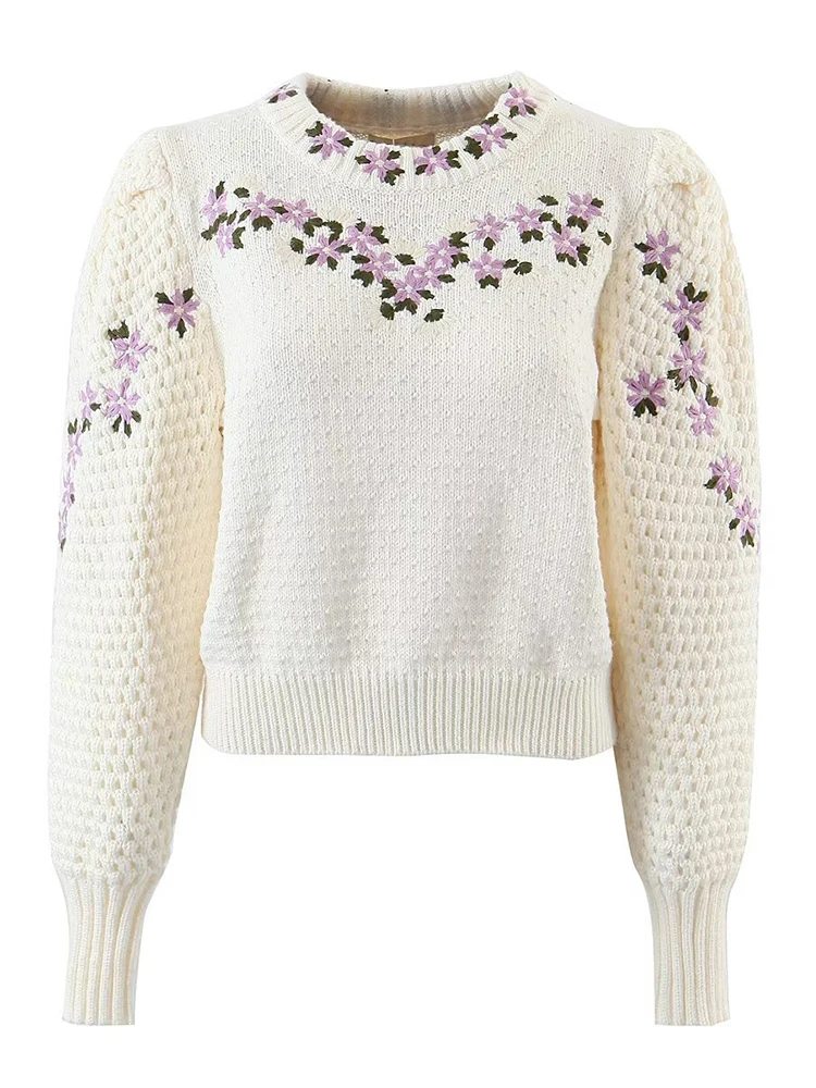 

YENKYE High Quality Women Floral Embroidery Crop Sweater Vintage Puff Sleeve Ladies Autumn Winter Pullover Jumpers Tops