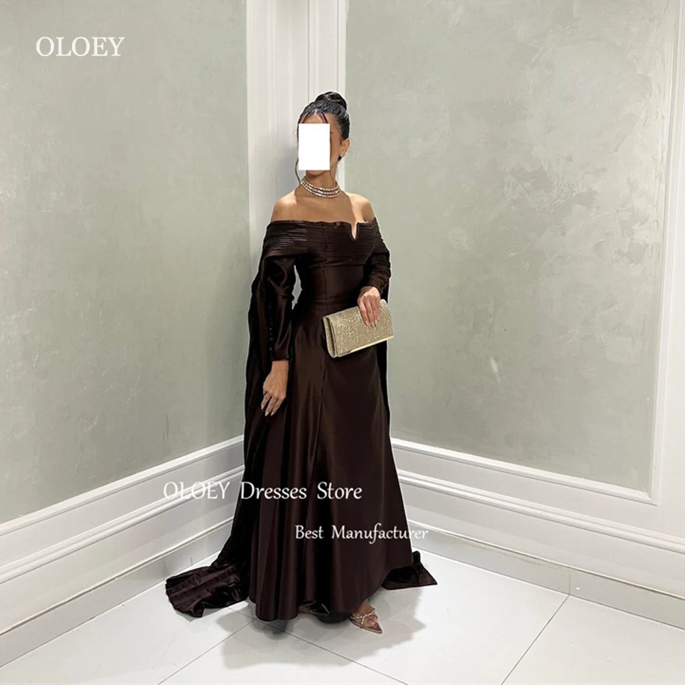 

OLOEY 2024 Sexy Off Shoulder Brown Satin Evening Dresses Saudi Arabic Women Long Sleeves Silk Satin Formal Pary Dress Prom Gowns