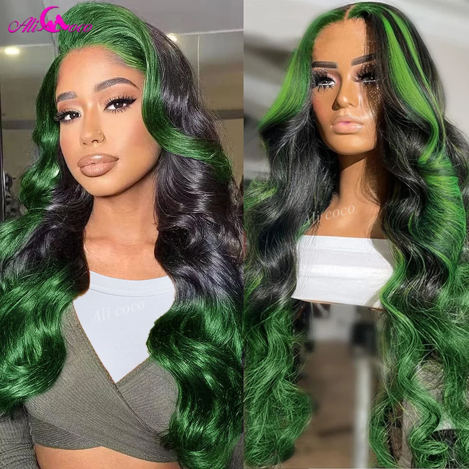 

Black and Green Highlight Wig Human Hair 13x4 Body Wave Frontal Wig Ombre Green Lace Front Wig Human Hair With Baby Hair