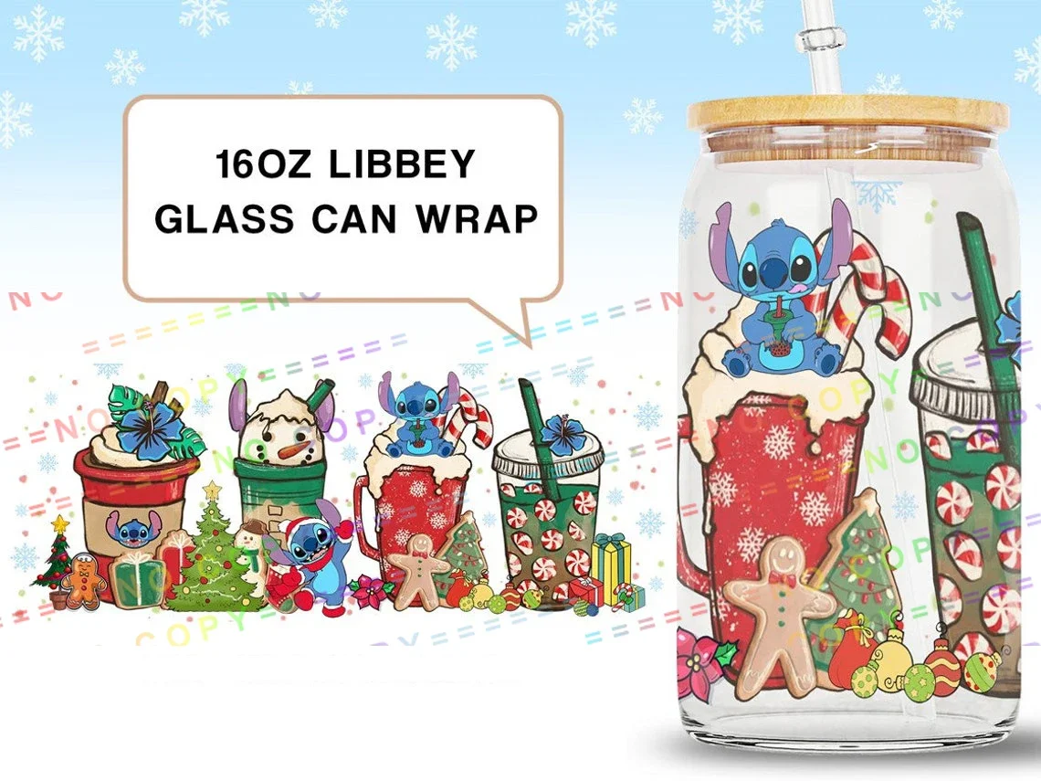 Stitch Yoda Christmas Series Uv Dtf Transfer Sticker Per Tazze Libbey Wrap Decalcomanie Impermeabili Autoadesive Adesivo Da 16 Once