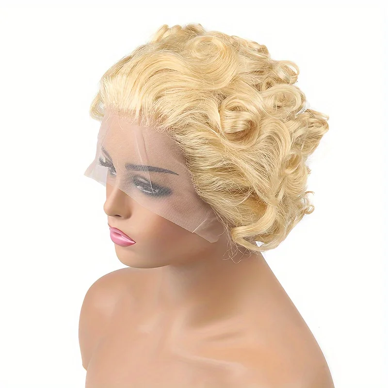 613 Blonde Human Hair Wigs curly pixie human hair Wig 13X1 Transparent Lace Wig Pixie Cut For Women Human Hair 150% density