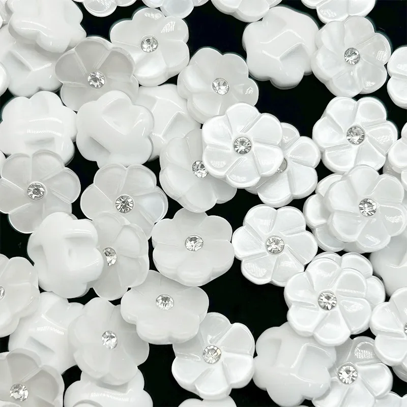 10pcs 12.5mm Resin Flower Buttons with Rhinestones Shank Back Pearl White Dress Shirt Cardigan Decorative Sewing Buttons