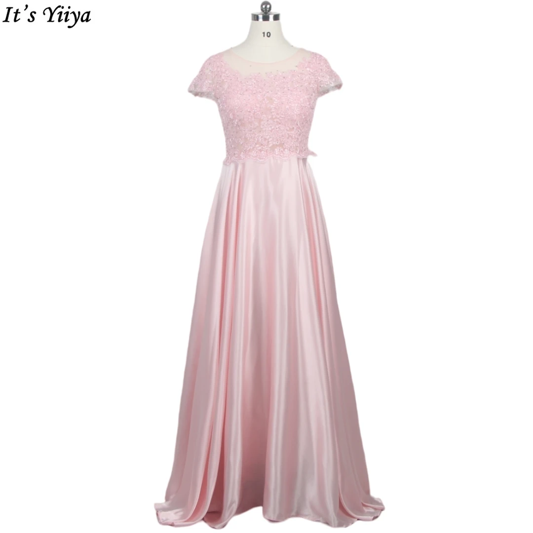 

It's Yiiya Real Photo Evening Dress Pink Lace Satin A-Line O-Neck Plus Size Floor-Length Robe De Soiree Lady Party Dresses LF158