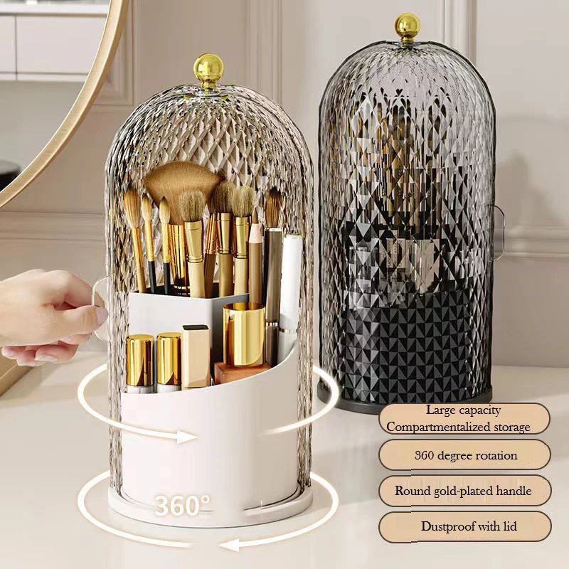 Diamond Birdcage Makeup Brush Holder with Lid 360 Rotating Clear Dustproof Makeup Brushes Organizer for Vanity Lipstick Holder 2
