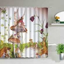 

Beautiful Wing Elves Girl Shower Curtain Deer Mushroom Flower Fantasy Enchanted Forest Bath Curtains Bathroom Waterproof Screens