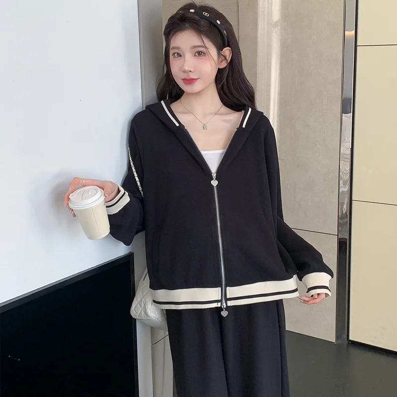 봄 컬렉션 루즈핏 한국 스타일 임산부 세트 후드 가디건 와이드 레그 팬츠 투피스 코튼 앙상블