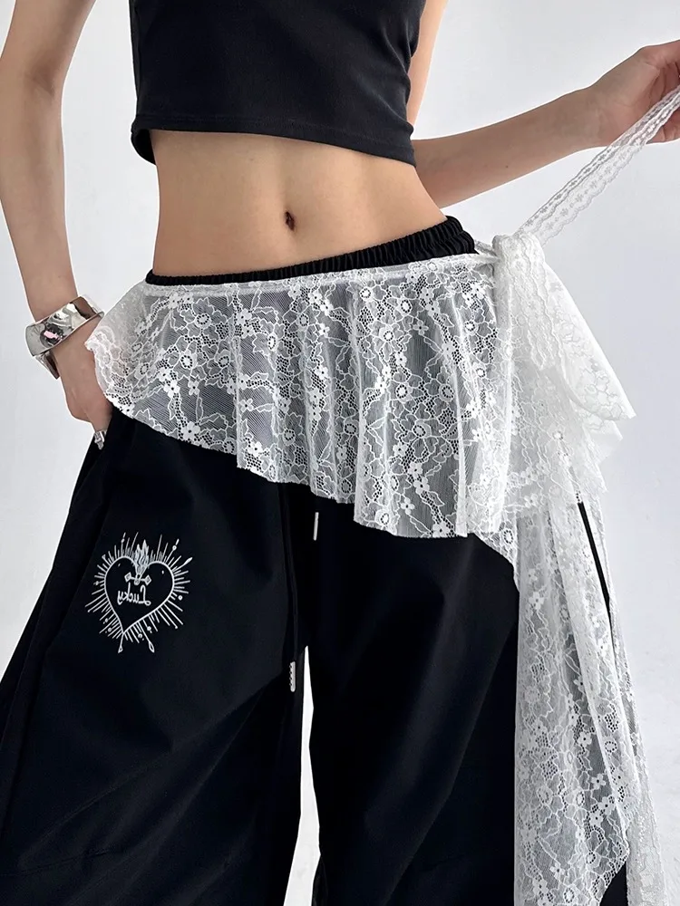 Mini jupe transparente en dentelle à fleurs brodées, Streetwear Y2K, jupe à volants à lacets, rideau de fesses irrégulier Harajuku