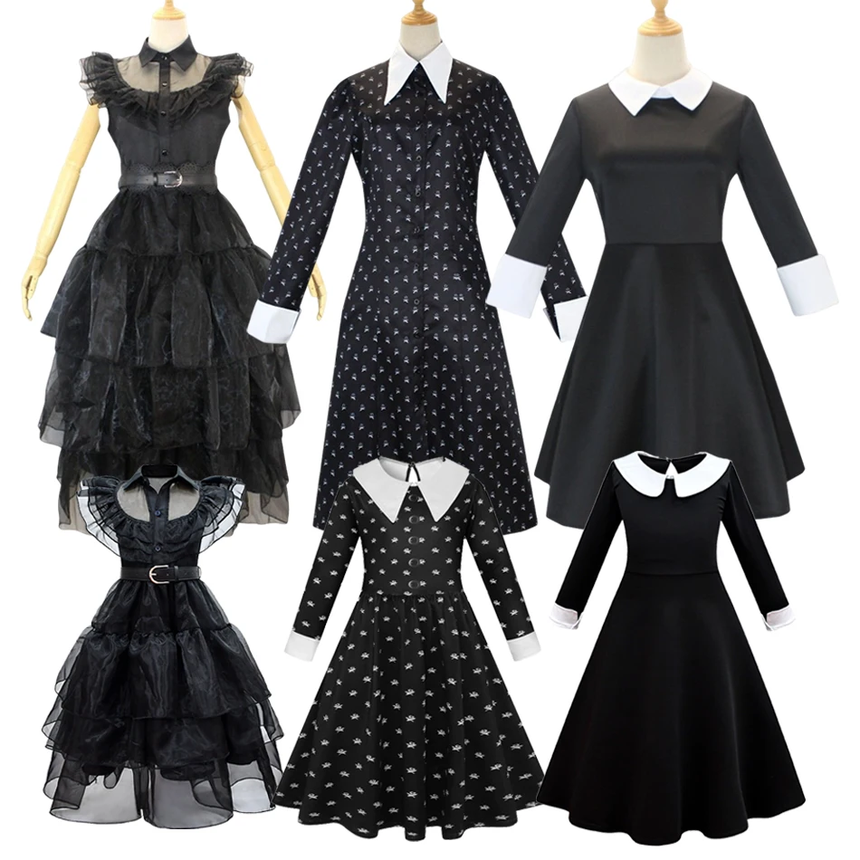 

For Girls Adult Wednesday Cosplay Dress Matching Costumes Black Gothic Dresses Children Clothes Halloween Party