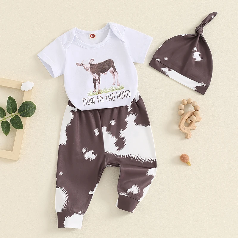

3-Piece Baby Boys Set Cow Letter Print Short Sleeve Round Neck Romper Contrast Color Trousers Hat Outfits
