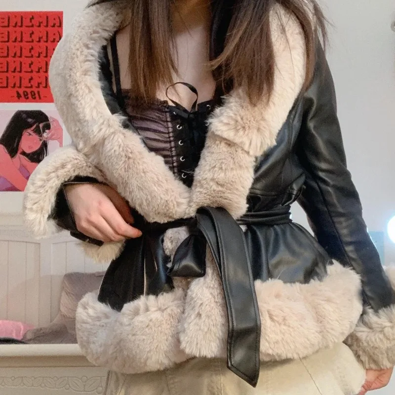 Abrigo de piel sintética con cuello de piel para mujer, abrigo ajustado de manga larga con cordones, chaqueta elegante de calle para invierno, ropa de mujer