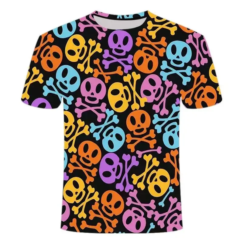 

2024 Summer New Skull Series Pattern 3D Printing Personality Fashion Trend Boys And Girls Graffiti Short Sleeves