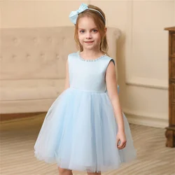 Toddler Girl Floral Tulle Pearl Dress with Bow, Backless Princess Party Gown - 110 3T (SKY BLUE)