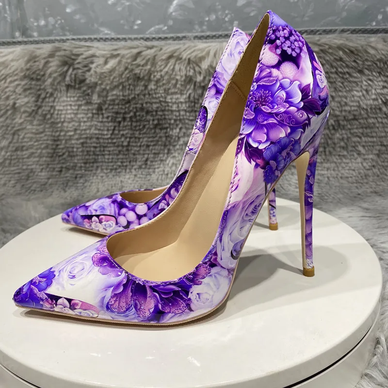 

12cm Heel Purple Flower Print Women Glossy Patent Pointy High Heel Shoes Chic Floral Stiletto Pumps Large Size 43 44 45