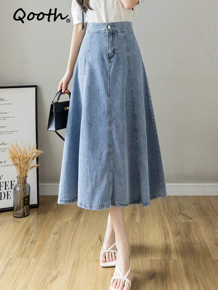 Qooth Spring Summer High Waist Midlength Denim Skirts Women Elegant