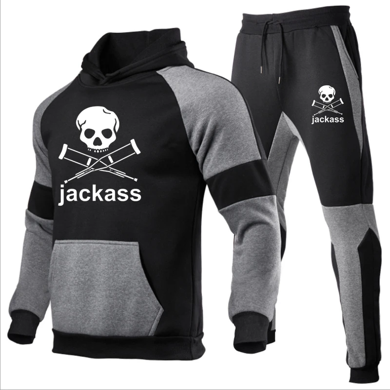 

2022 Selling Suit New Jackass Forever Logo Printed Custom Made Spliced Men Pullover Hoodie +Pants Casual Popular Man Sportswear