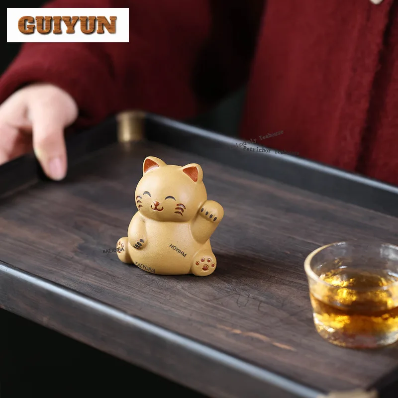 이싱 자주색 점토 행운 고양이 차 장식품 고급 차 게임용 장난감 차 피규어 장식품 키우기 가능 액세서리