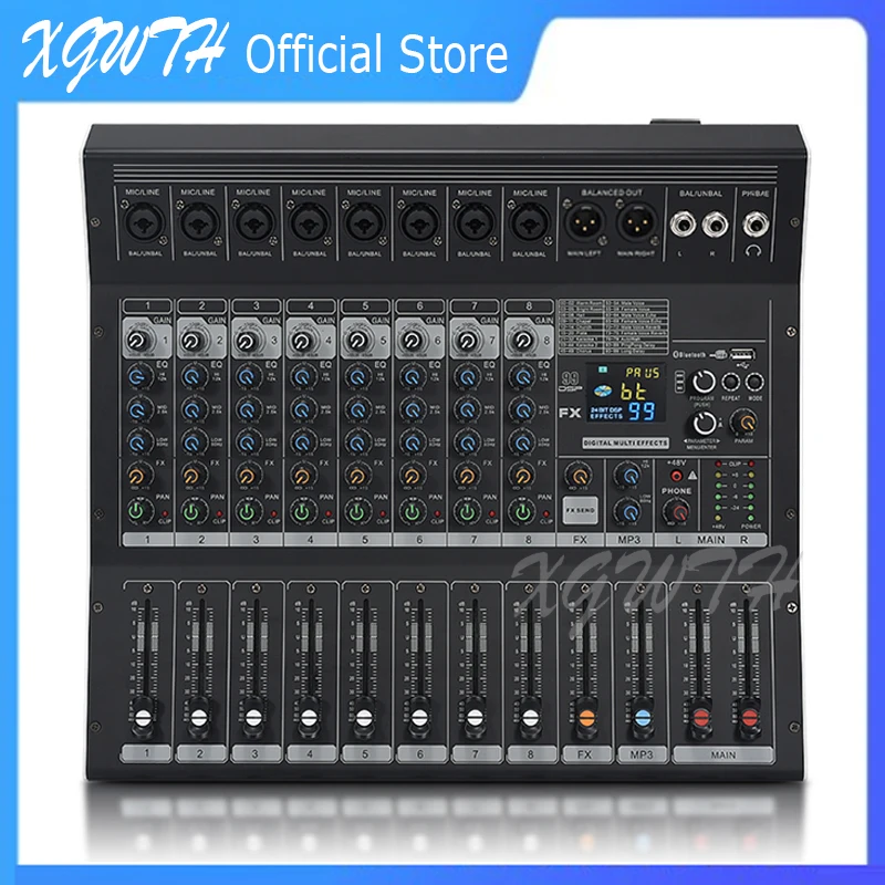 8 채널 디지털 믹서 사운드 오디오 믹싱 콘솔, 100 DSP 디지털 효과 포함, 블루투스 USB MP3 DJ 잔향 콘솔, 12