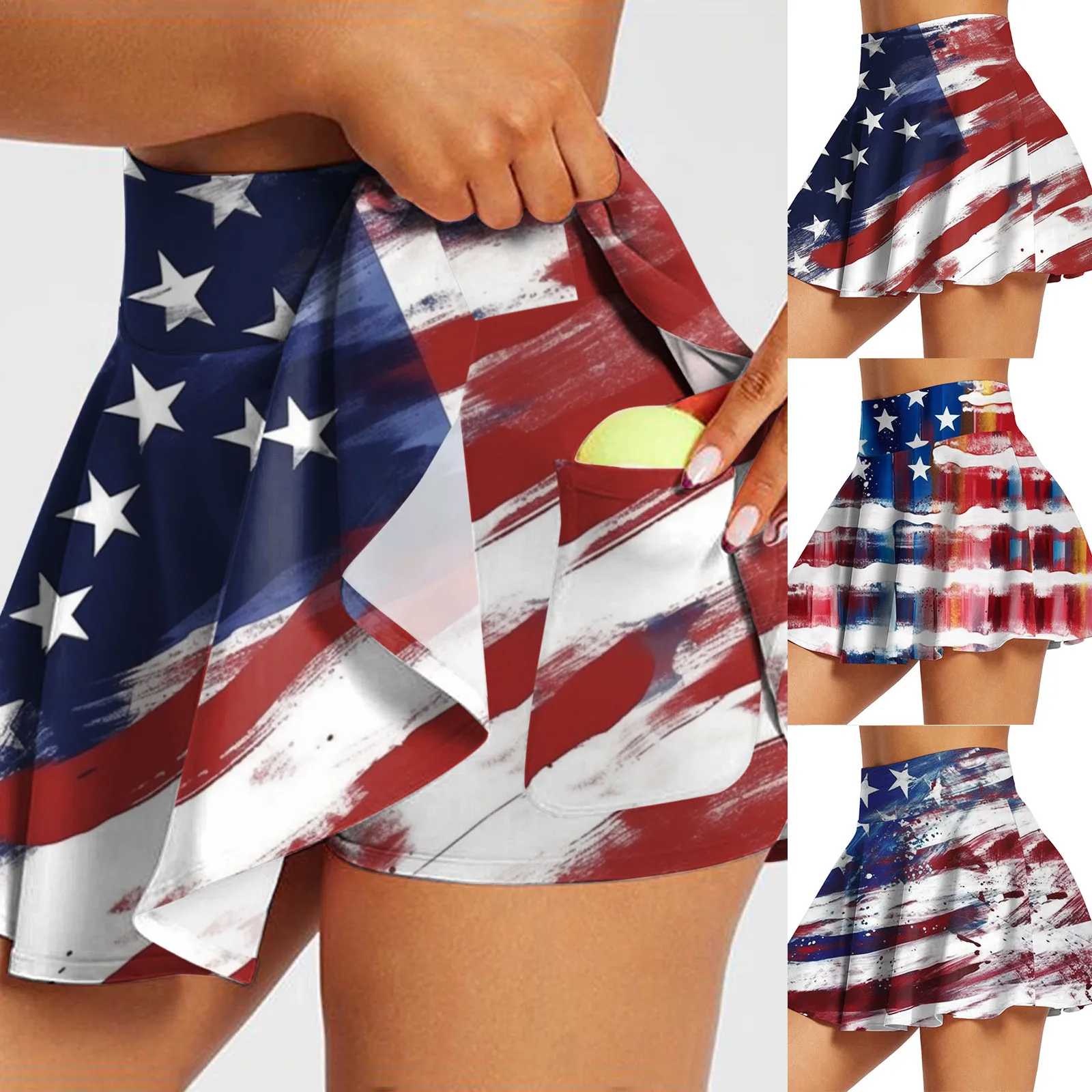 Women Independence Day Print Casual High Waist Tennis Skirt Pleated Skirt Pocket Athletic Skirts Women