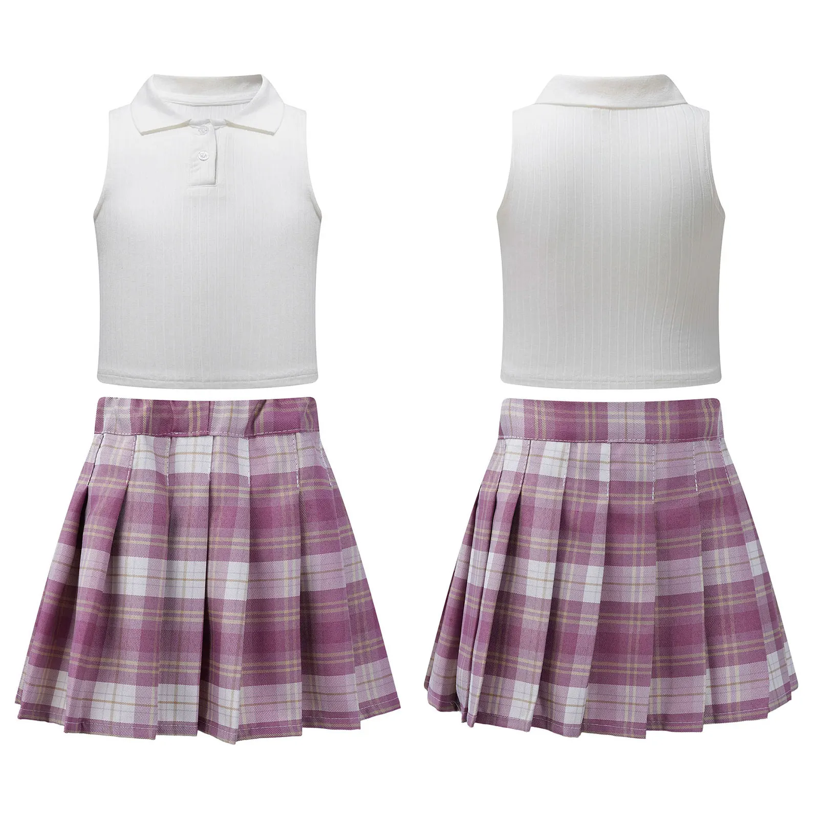 

Kids Girls Golf Tennis Sports Outfit Turn-Down Collar Sleeveless T-shirt Tank Top Vest+Plaid Pleated Skirt Badminton Clothes