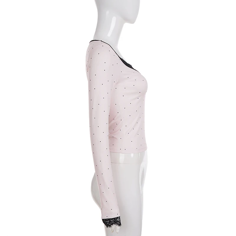SUCHCUTE Sweet Polka Dot V-Neck Lace Patchwork Top Women Spring Long-sleeve Tees Korean Casual Tops All match coquette outfits 5