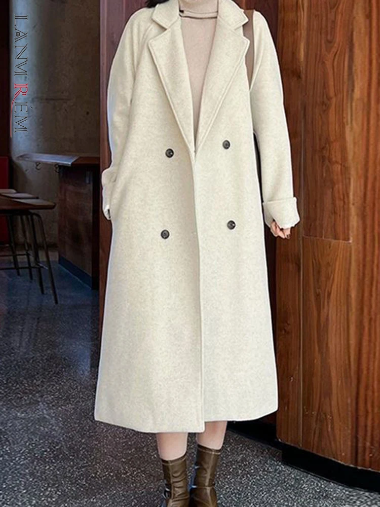 

LANMREM Women Long Woolen Coat Fashion Notched Collar Belt Double Breasted Clothing Korean Style 2023 Winter New 2AA2992