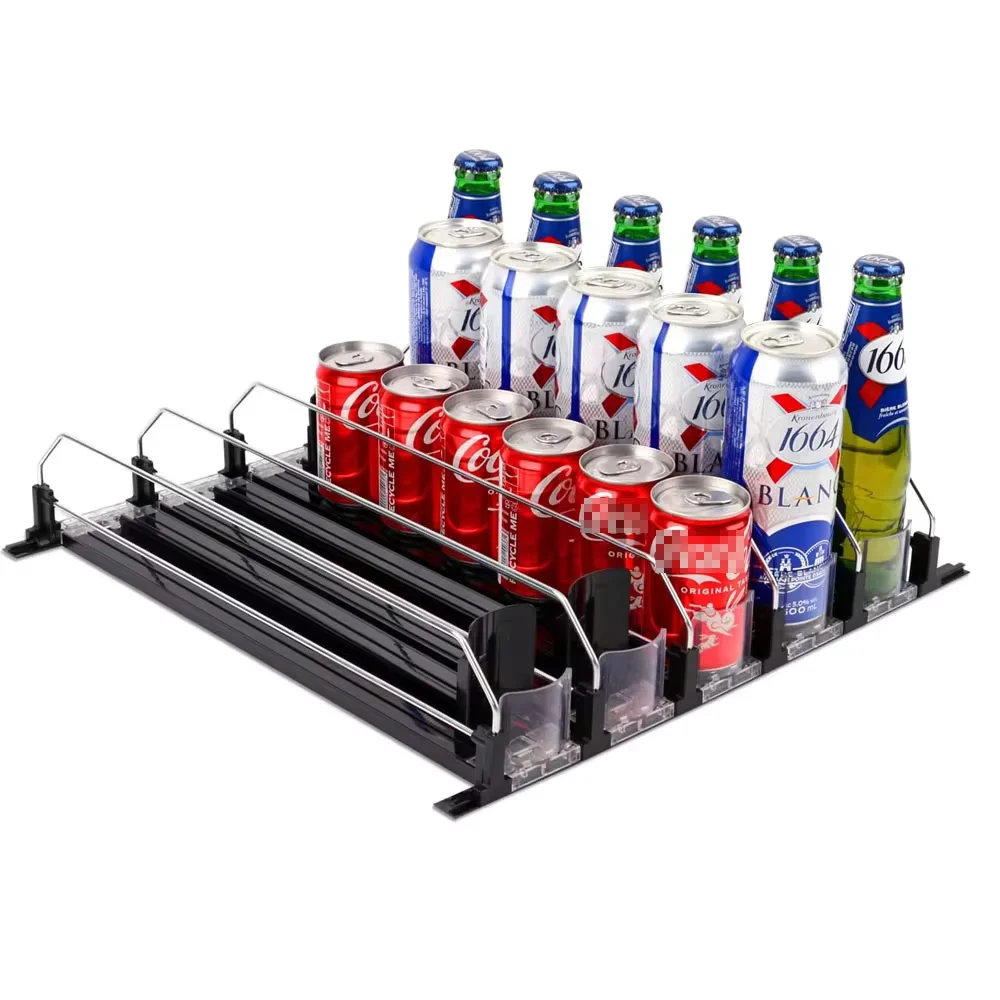 Drink Organizer Dispenser Spring Push Canned Beverage Push Rack Adjustable Width Storage Shelf E-shaped Glide for Refrigerator 3