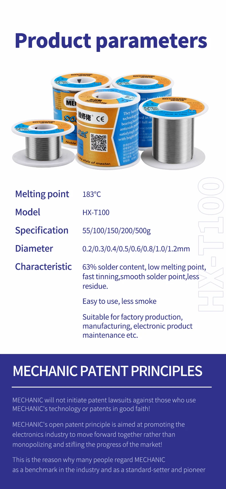 MECHANIC HX-T100 55g Mild Rosin Core 183℃ Melting Point 0.2mm-1.2mm High Purity Solder Wire Welding Flux 1-3% Iron Cable Reel