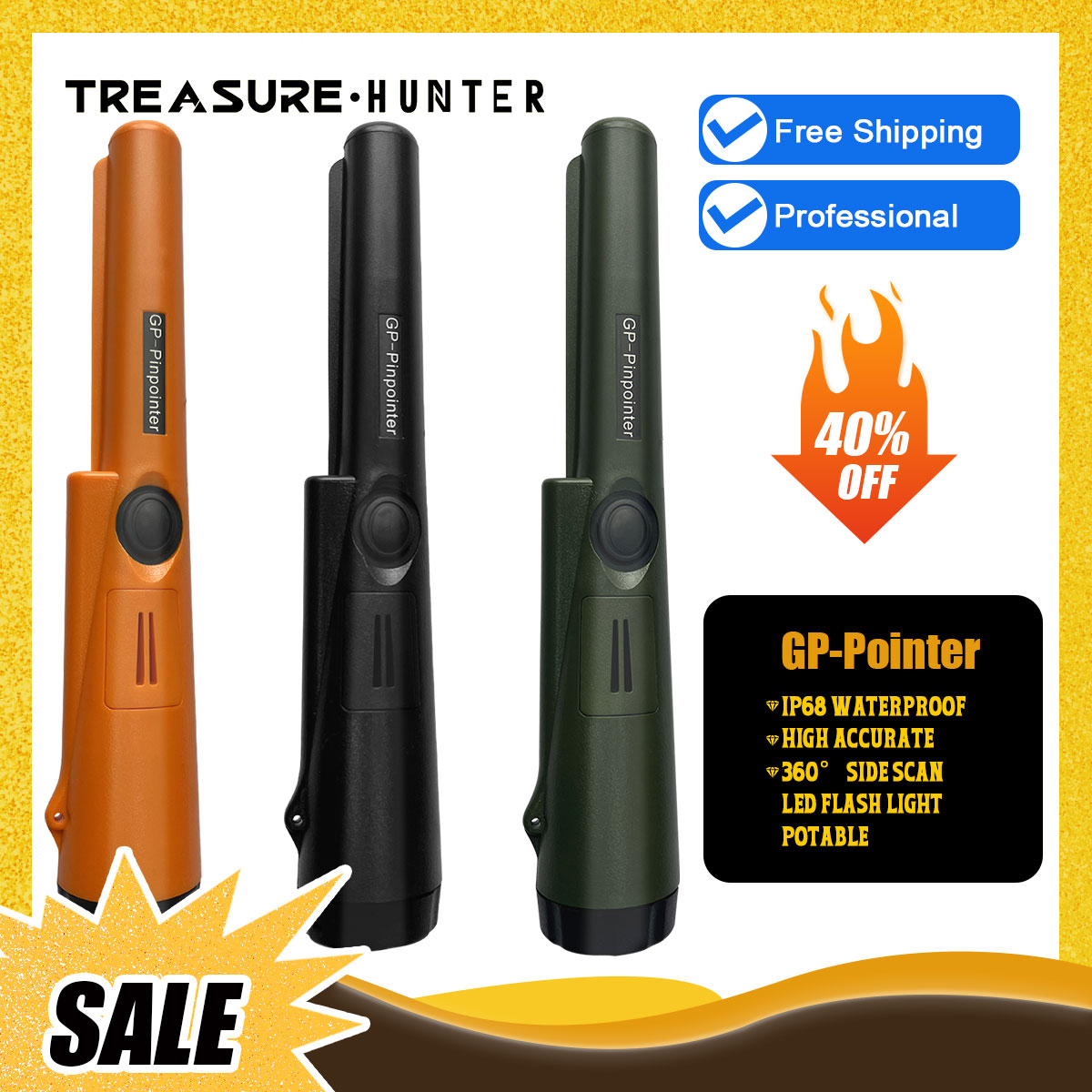 Treasure Hunter GP Pointer Handheld Metal Detector Professional Pinpointer Finder Probe Pinpointing Waterproof 360 Side Scan