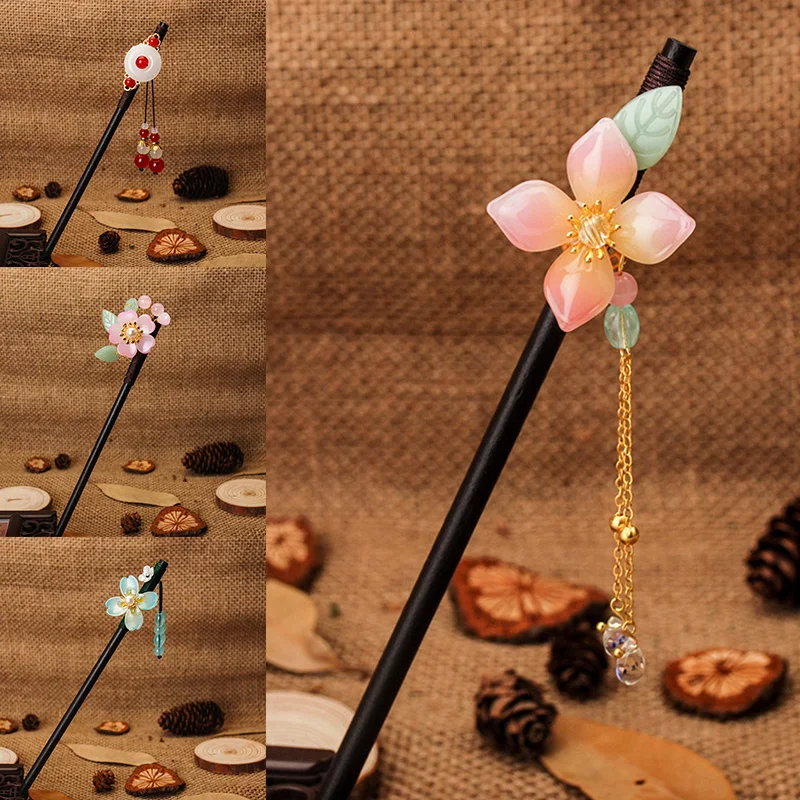 Vintage Kapok Imitation Jade Hair Sticks Handmade Smooth Wooden Fringe Hairpin Chinese Classic Exquisite Floral Hair Accessories
