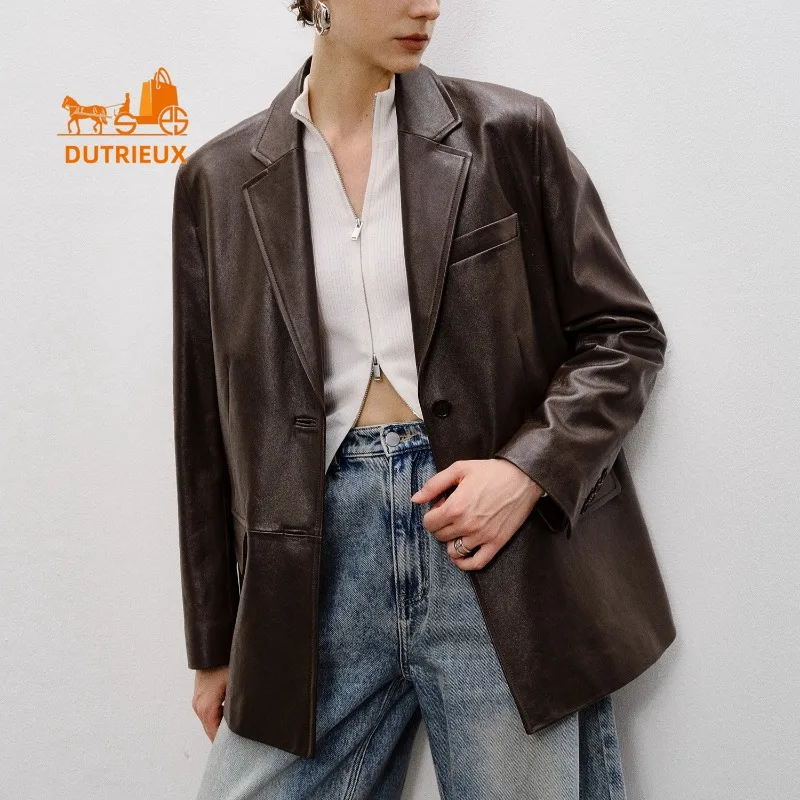 Winter Women's Slightly Wide Shoulder Loose Leather Suit Jacket, 100% Genuine Sheepskin, Atmospheric Simple Classic Leather Coat