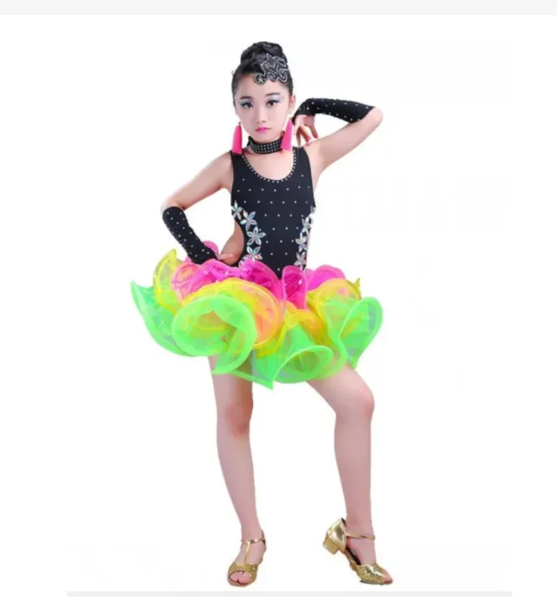 

1pcs/lot Children Latin Dance Costumes Girls Sequined Ballroom Dancing dress Kids Performance salsa Latin dance dress