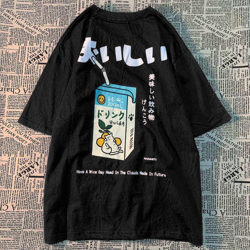 Cute Japanese Cat Print Oversized T-shirt men Women Short Sleeve Loose Casual Tee Shirt Streetwear Tops Cotton Harajuku Clothes