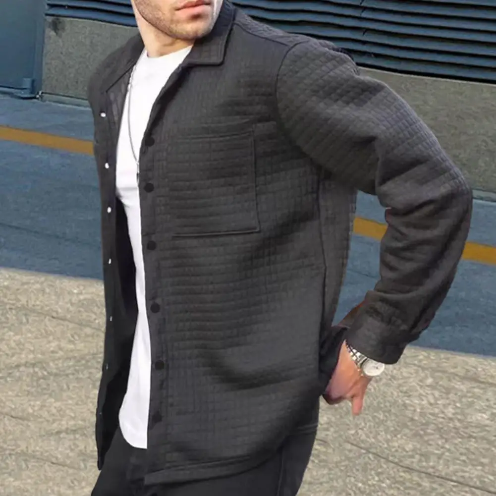 Men Jacket Men's Spring Cardigan with Turn-down Collar Patch Pocket Soft Breathable Long Sleeve Shirt for A Stylish Look Men 6