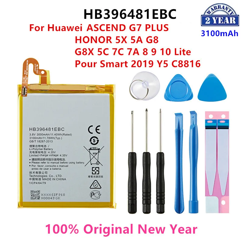 

100% Orginal HB396481EBC Battery For Huawei ASCEND G7 PLUS HONOR 5X 5A G8 G8X 5C 7C 7A 8 9 10 Lite Pour Smart 2019 Y5 +Tools