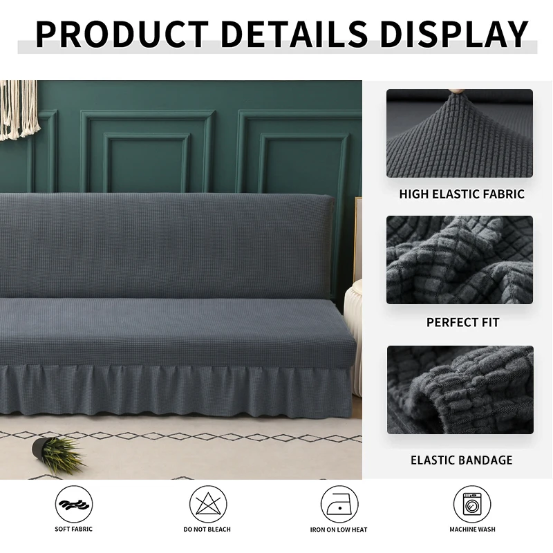 Stretch Futon Sofa Bed Cover Jacquard All-inclusive Armless Futon Cover with Skirt Ruffled Sofa Cover Furniture Protector 1PC 3