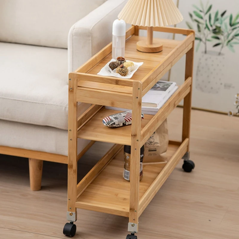 Movable Tea Table Storage Rack MultiLayer Kitchen and Living Room Organizer Bamboo Wood Tea Trolley
