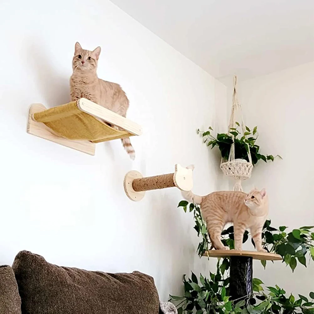 

Cat Wall Cat Hammock Wooden Furniture Scratcher Shelves Climbing Ladder Cat Bridge and Jumping Platform for Kitten Play Perch