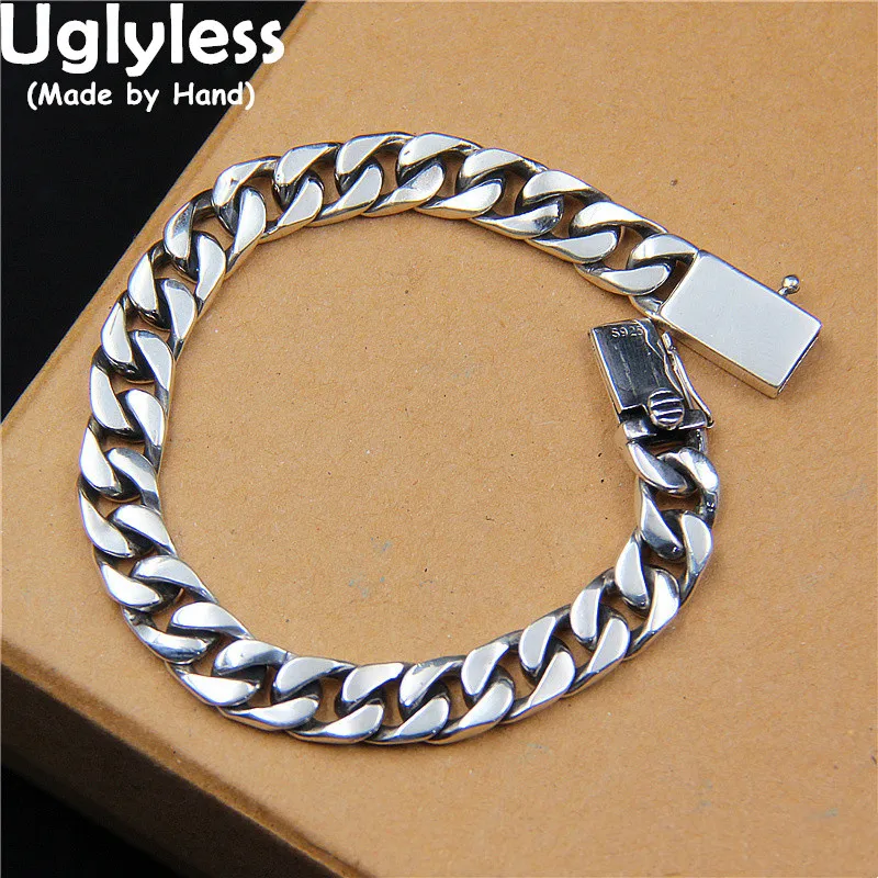 

Браслеты Uglyless с широкими звеньями для мужчин, крутые парни, Простые Модные ювелирные изделия, плоские квадратные браслеты из настоящего серебра 925 пробы