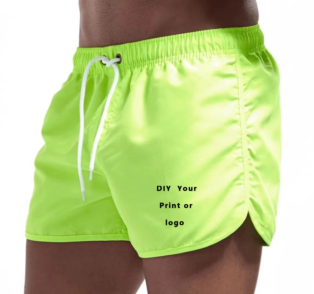Custom Logo Men's Swim Trunks Beach Shorts Drawstring with Mesh Lining Elastic Waist Plain Breathable Soft Casual Shorts 2