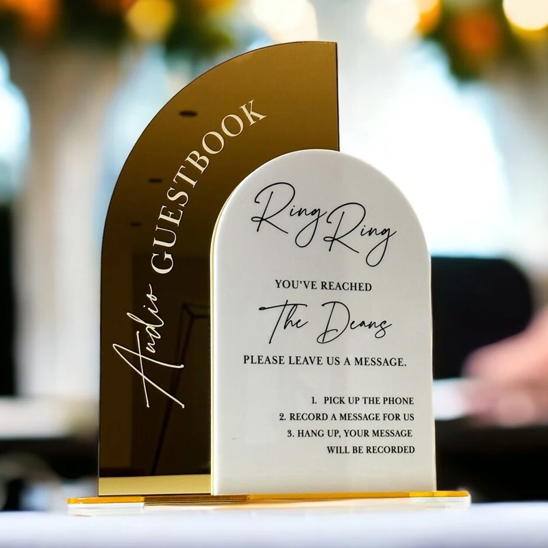 Personalised Audio Guestbook Sign Leave A Message Phone Box Sign Gold Mirror and White Acrylic Sign Audio Booth Sign wedding guest book