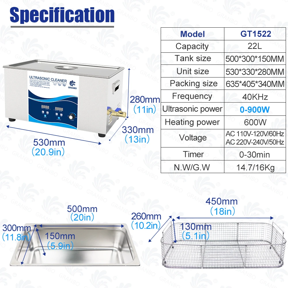 thumbnail image 1 of Baño limpiador ultrasónico de 22 l y 40 KHz, potencia de 0 a 900 W, desgasificador digital ajustable, máquina de lavado sónico, piezas de laboratorio para automóviles, hardware de PCB, 1 of 5