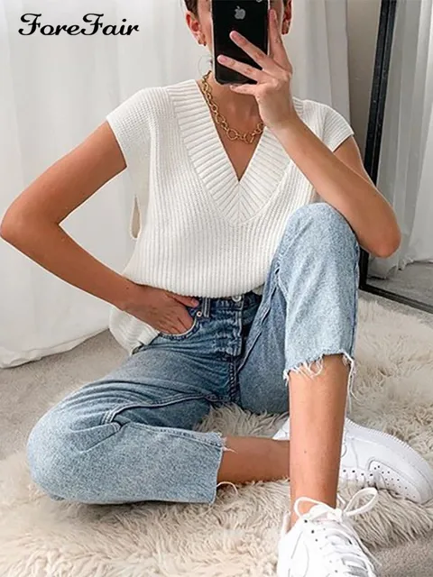 Forefair V Neck Sleeve White Knitted Autumn Winter Women Sweater Vests Casual Loose Outwear Solid Sweater Preppy Style Vests 4