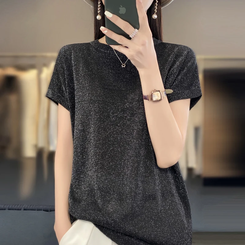 

Women's Short Sleeved T-Shirt Spring/Summer New Gold And Silver Silk Knit Pullover Round Neck 2023 Loose Linen Ice Silk Thin Top