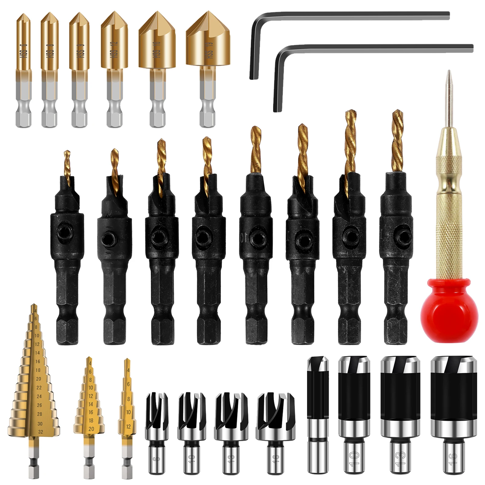 

28Pcs Woodworking Chamfer Drilling Tool Kit with 8pcs Wood Plug Cutter Drill Bit 3pcs Step Drill Bit 1pc Center Punch 6pcs 5