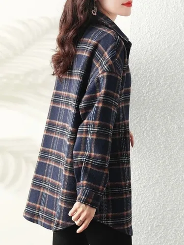 여성용 체크 셔츠, 긴팔, 캐주얼 라펠, 턴다운 칼라, 체크 무늬, 클래식 싱글 브레스트 상의, 세련된 빈티지 3